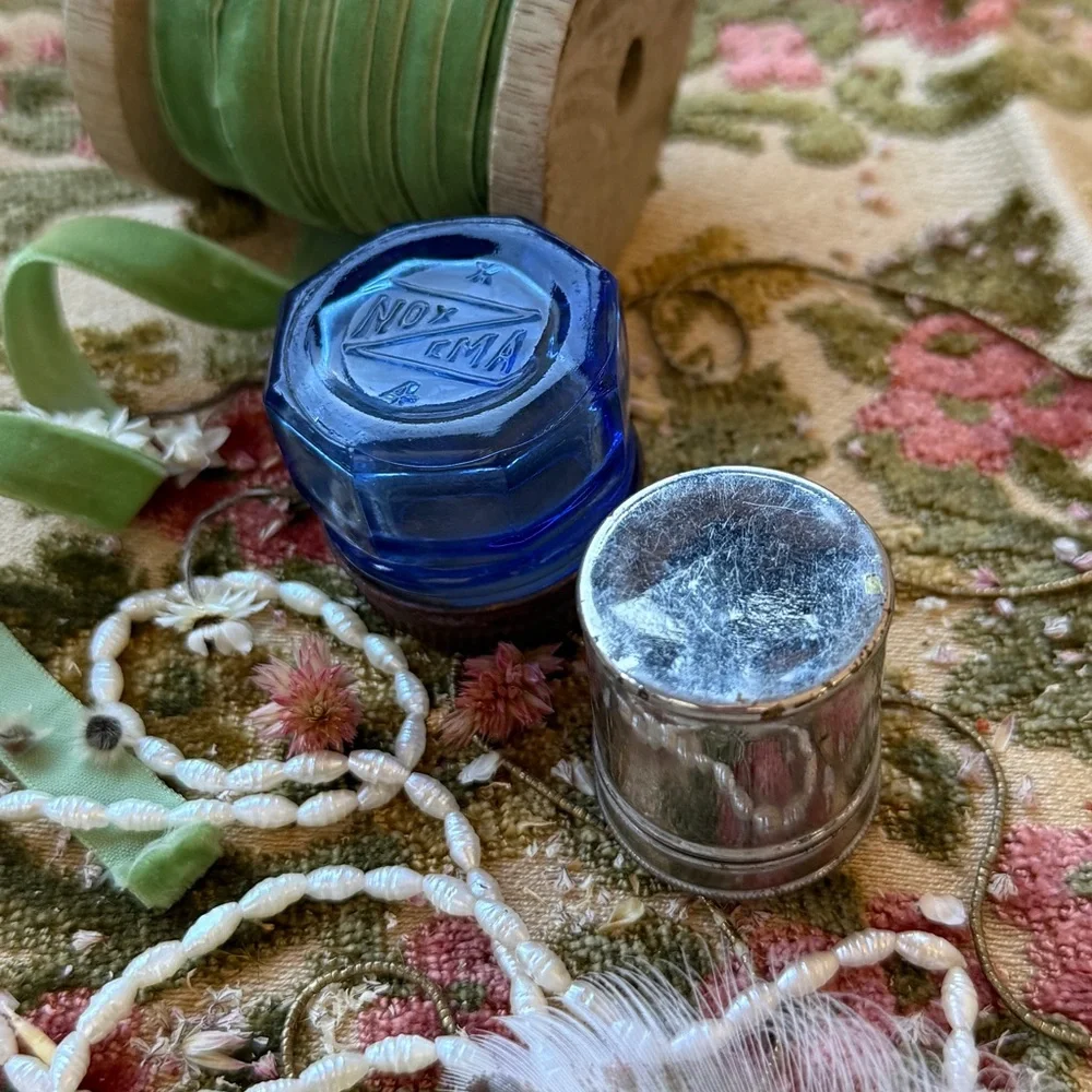 Antique Noxema Blue Glass Jar & Colgate Co. Shaving Stick Silver Tin Set